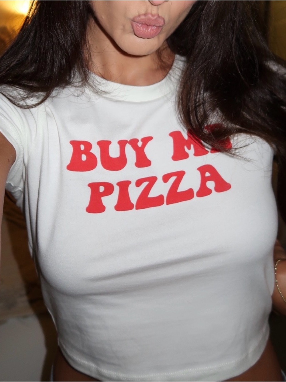 Princess Polly White Crop Tee with Red 'Buy Me Pizza' Graphic